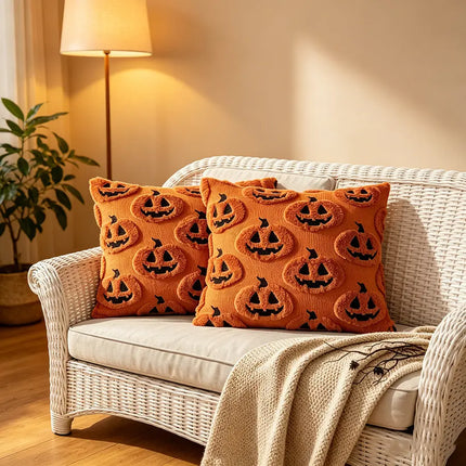 Beige skull Halloween pillow covers set of 2 on dark couch with Halloween wall decor