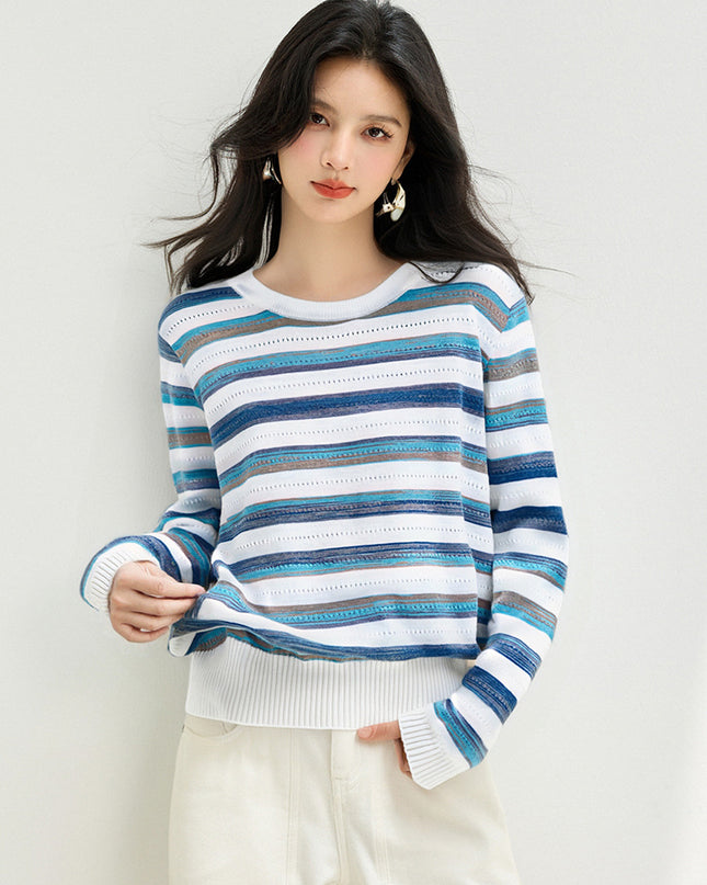 women wearing blue and white striped sweater