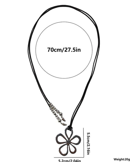 Black necklace with a flower pendant and measurements on a white background