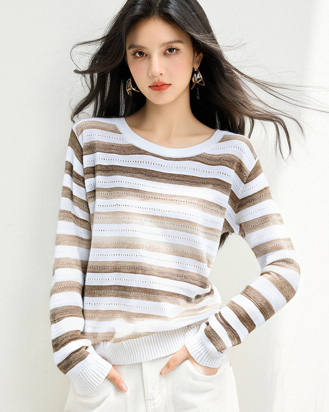 women wearing brown and white striped sweater