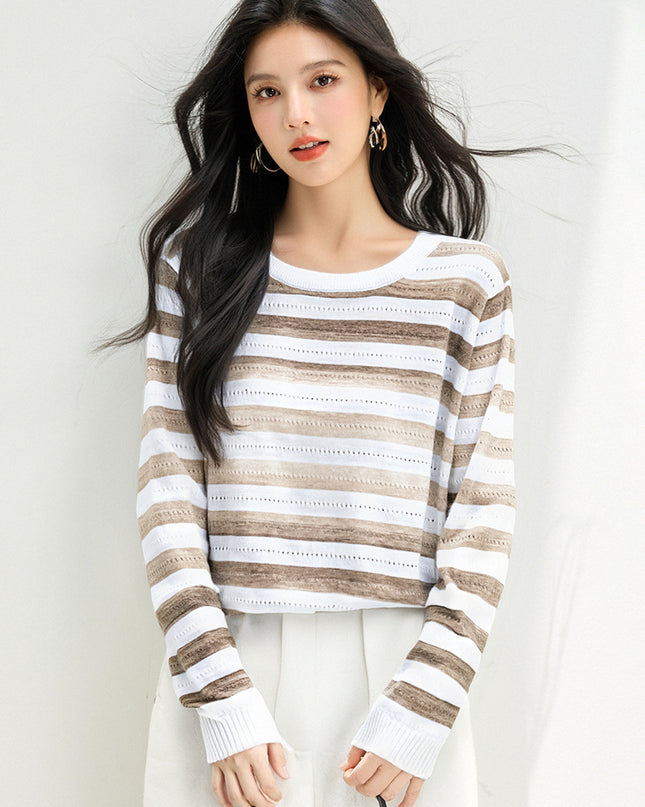 women wearing brown and white striped sweater