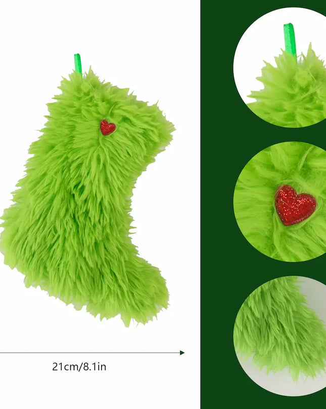 A bright lime green fluffy Christmas stocking with a small red glittery heart accent, shown on a white background with dimension arrows indicating 25 cm height and 21 cm width. A dark green panel on the right shows three circular close-ups of the fluffy texture and the red heart detail.
