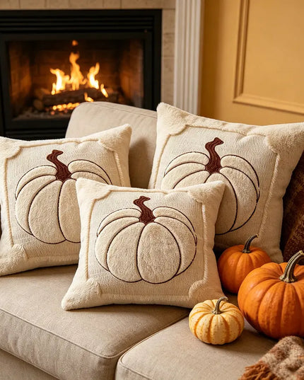 Three cream throw pillows with embroidered pumpkin designs are arranged on a beige sofa in a cozy living room setting with a lit fireplace, fall pumpkins, and a plaid blanket.