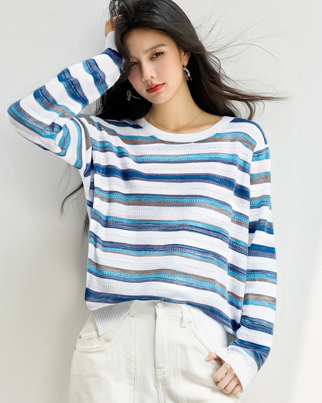 women wearing blue and white striped sweater