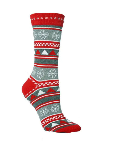 A single crew sock with a festive Christmas pattern, featuring red and gray stripes with white snowflakes and triangles, shown on a plain white background.