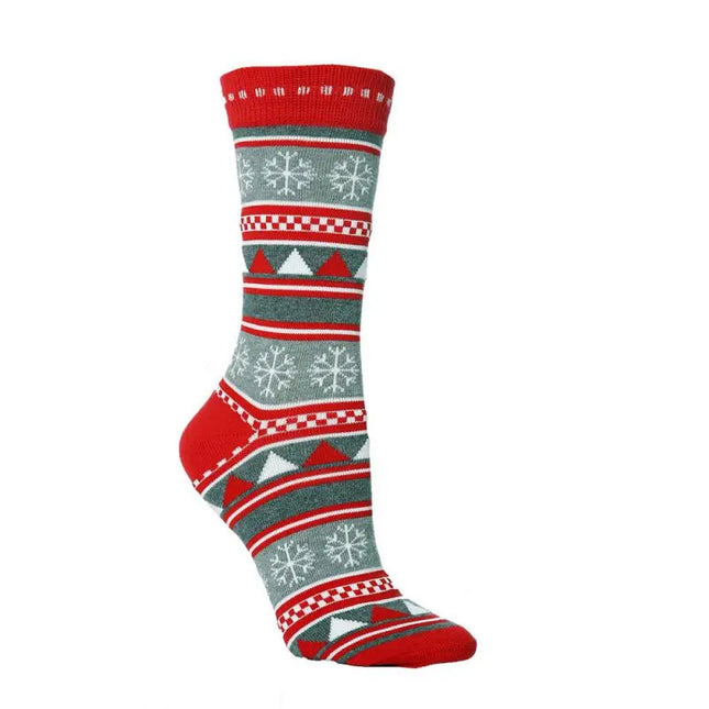 A single crew sock with a festive Christmas pattern, featuring red and gray stripes with white snowflakes and triangles, shown on a plain white background.