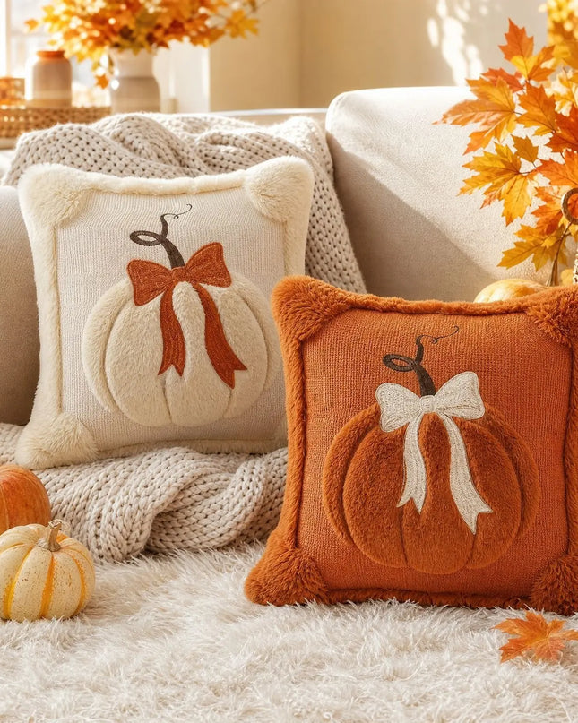 Decorative pillows with pumpkin and bow designs on a cozy living room couch with autumn decorations.