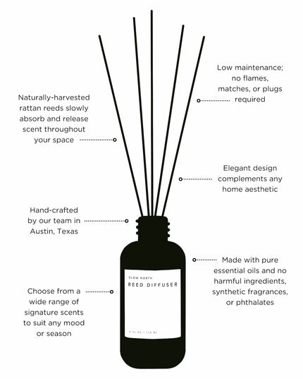 Diffuser with rattan reeds and text describing features on a white background