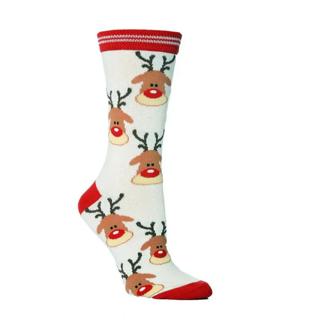 White sock with reindeer pattern and red accents on a white background