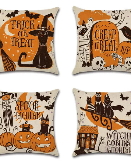 Four Halloween-themed decorative pillows with various designs and text.