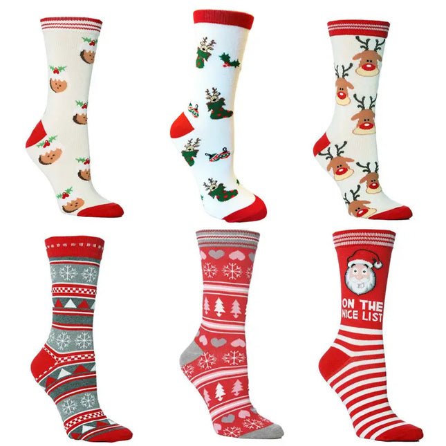 Set of six Christmas-themed socks with various designs on a white background