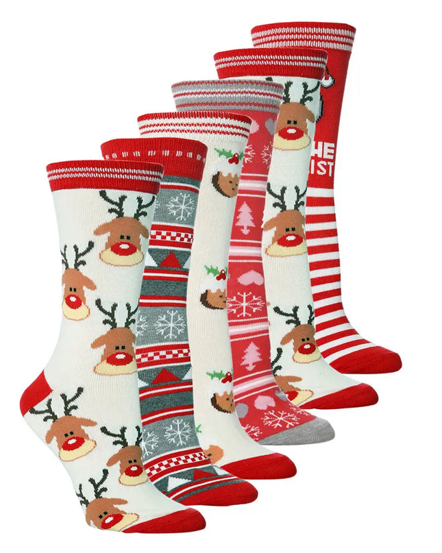 Six Christmas-themed crew socks arranged in a fan shape on a white background. The socks feature festive patterns including reindeer faces, snowflakes, Christmas trees, stripes, and holiday colors.