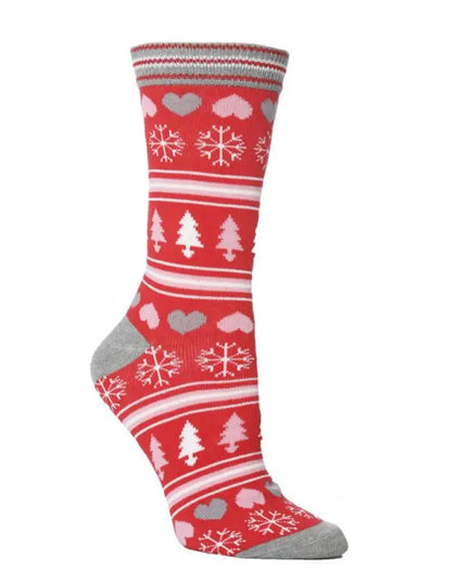 Red sock with winter patterns on a white background