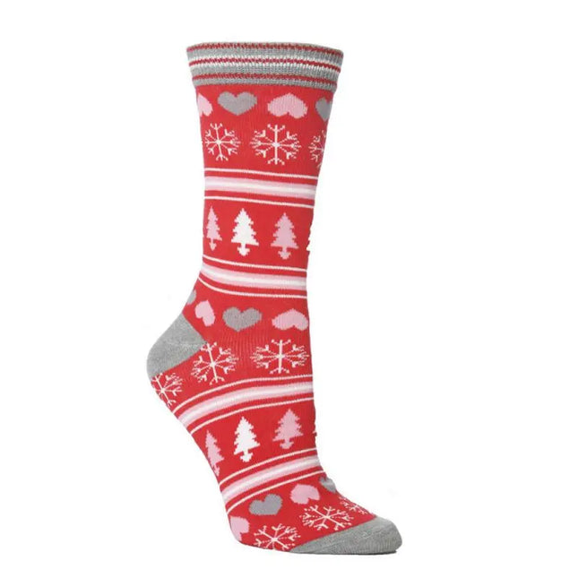Red sock with winter patterns on a white background