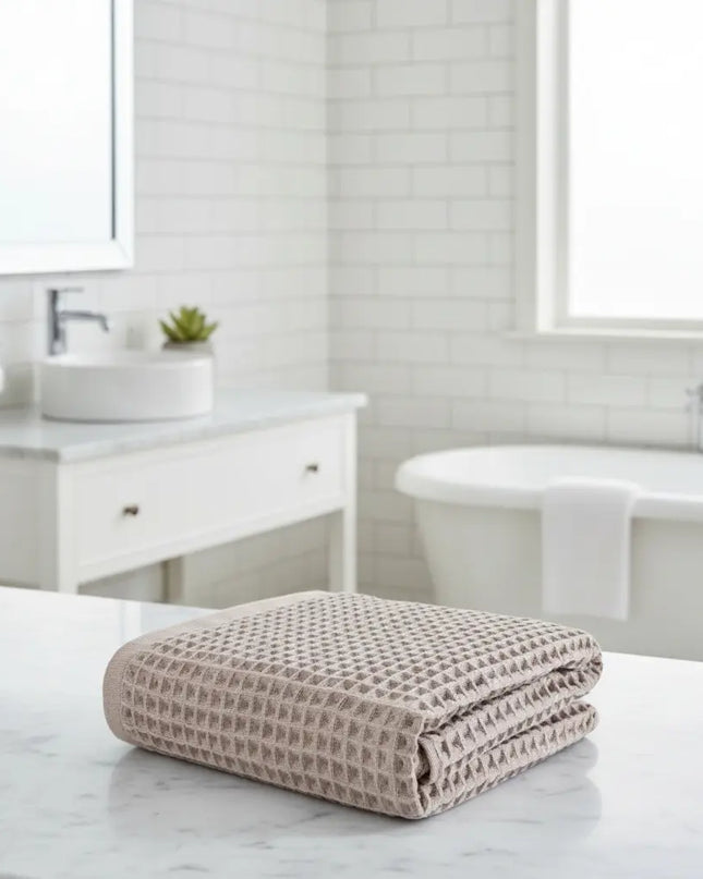 Folded towel on a marble countertop in a bathroom