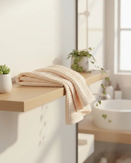 Bathroom counter with a towel and plant, natural light