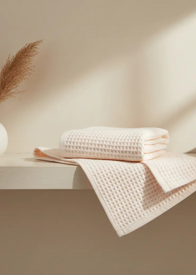 Folded towels on a shelf with a vase and decorative plant against a neutral wall.