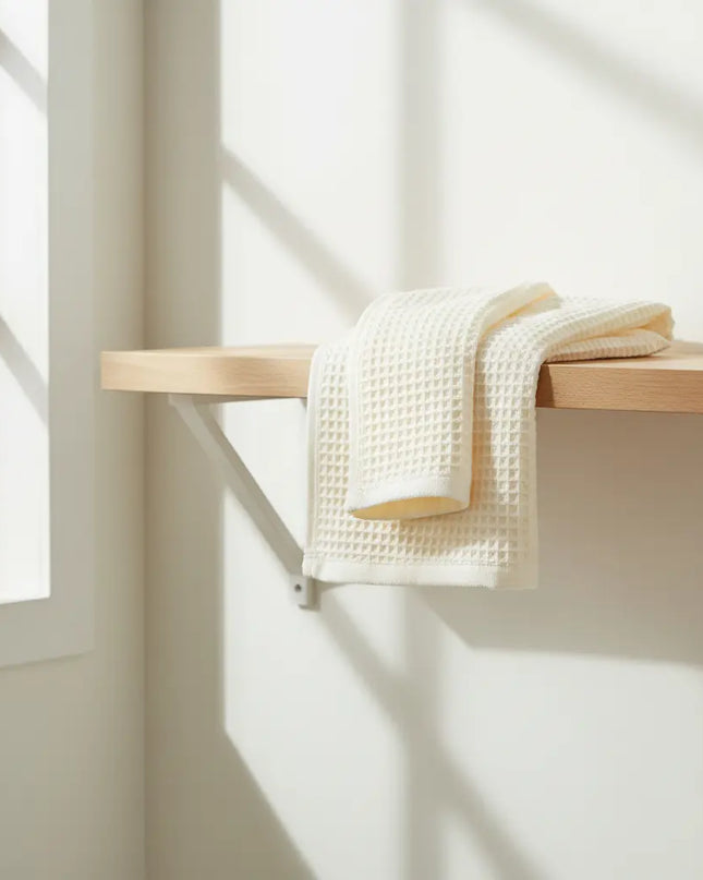 White towel on a wooden shelf with natural light