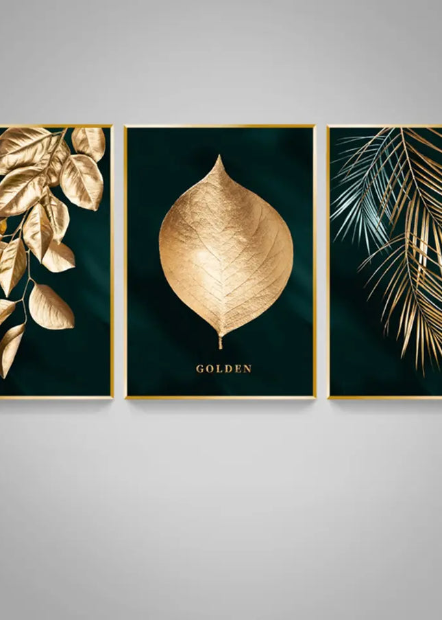 Three framed artworks with gold leaf designs on a gray background