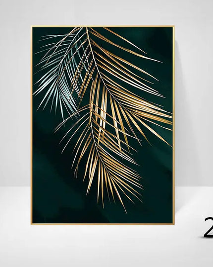 Framed artwork with gold palm leaves on a dark green background