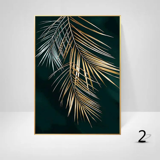 Framed artwork with gold palm leaves on a dark green background