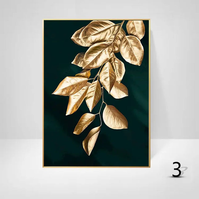 Framed artwork of gold leaves on a dark green background