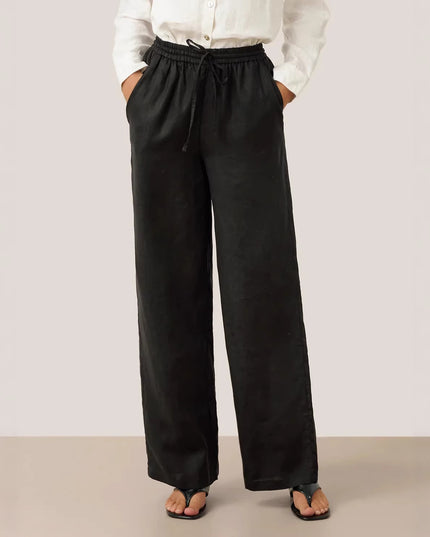 Person wearing black wide-leg pants and a white shirt on a plain background