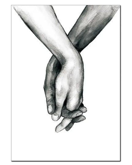 Black and white drawing of two hands holding each other on a white background
