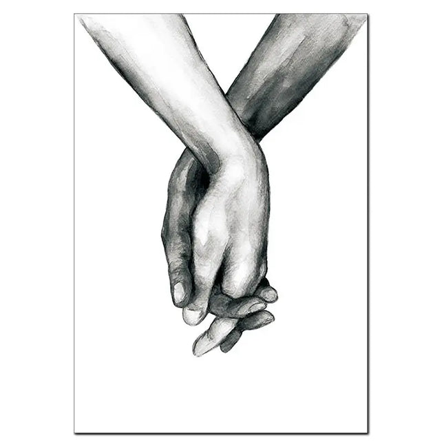 Black and white drawing of two hands holding each other on a white background