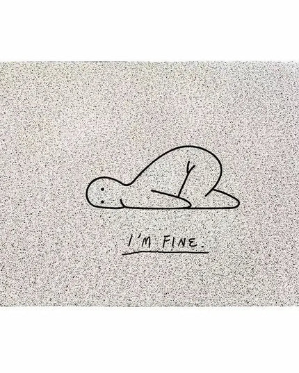 Doormat with a cartoon illustration and 'I'm Fine' text on a textured surface