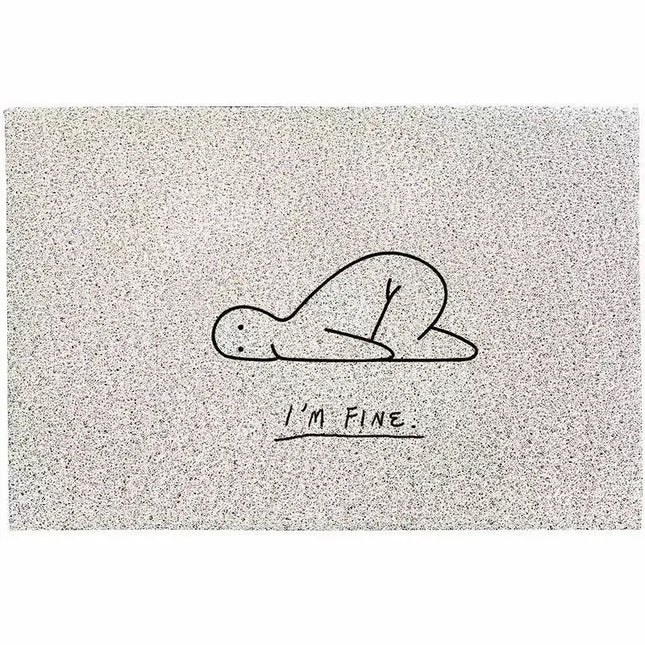 Doormat with a cartoon illustration and 'I'm Fine' text on a textured surface
