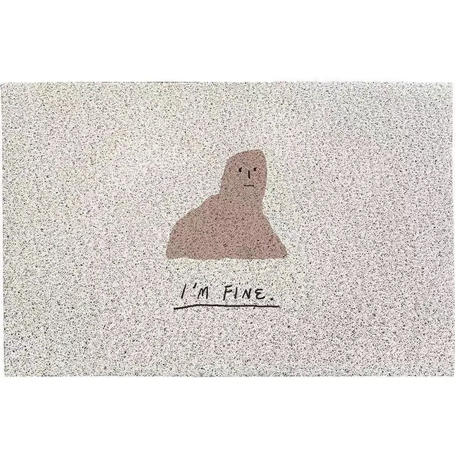 Doormat with a cartoon character and 'I'm Fine' text on a textured surface