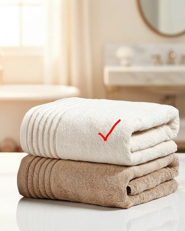 Stack of folded towels with a red check mark on a blurred bathroom background