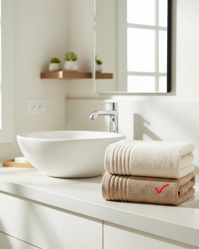Stack of towels on a bathroom counter with a sink and mirror in the background