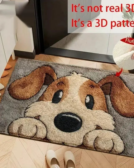 Dog-shaped doormat on a wooden floor with text indicating it's a 3D pattern.