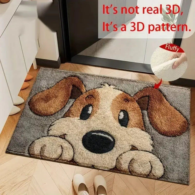 Dog-shaped doormat on a wooden floor with text indicating it's a 3D pattern.