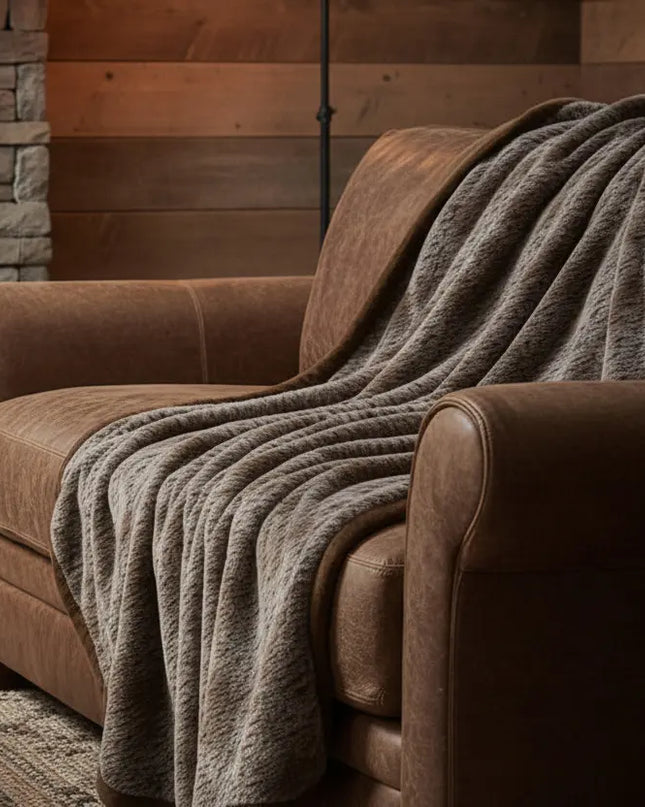 Brown sofa with a brown blanket draped over it against a wooden wall.
