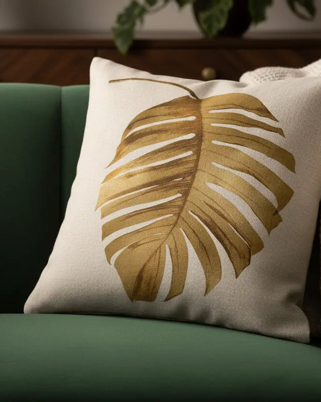 Decorative pillow with a leaf pattern on a green couch