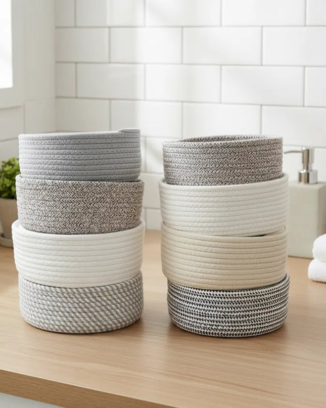 Set of woven baskets on a wooden surface with a tiled wall background