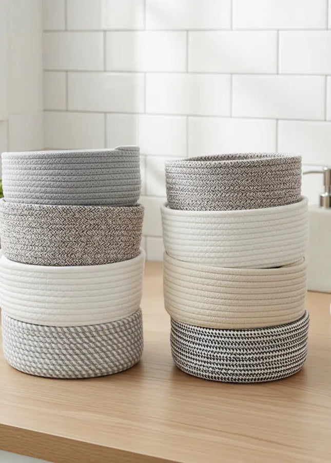 Set of woven baskets on a wooden surface with a tiled wall background