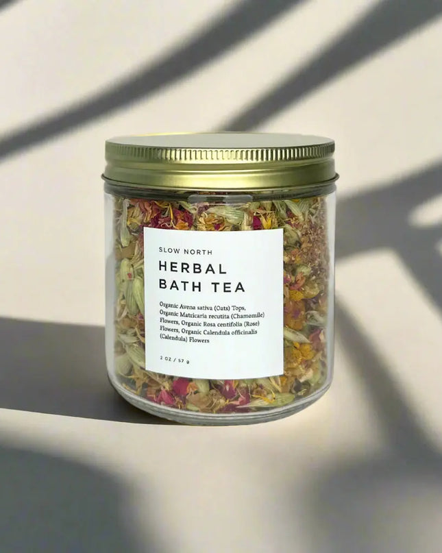 Herbal Bath Tea – 2 oz glass jar with gold metal lid by Slow North