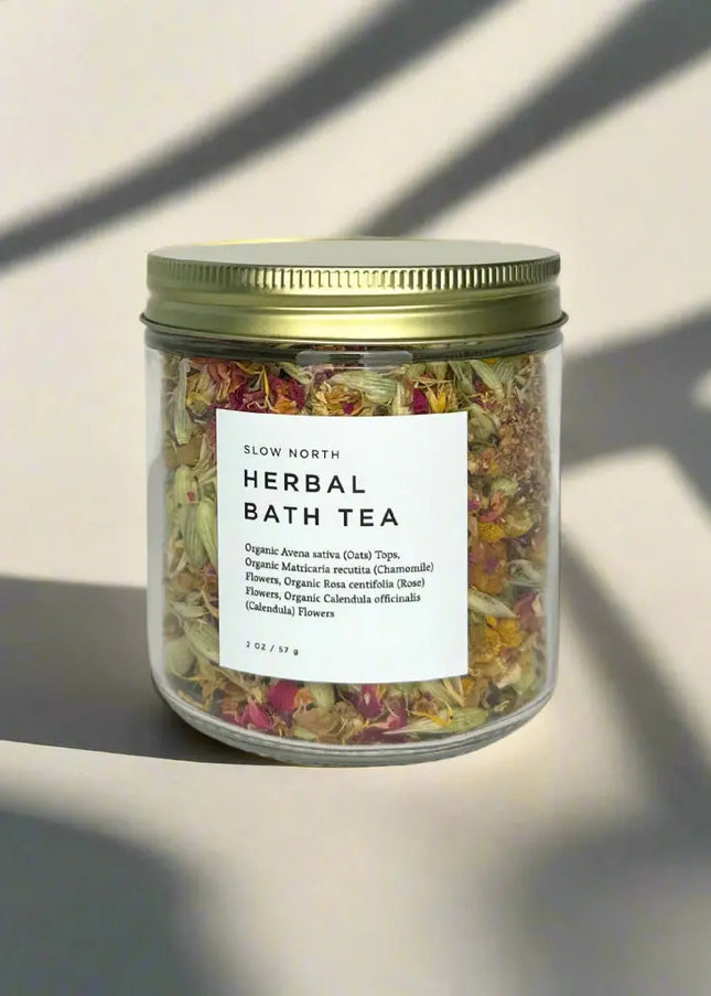 Herbal Bath Tea – 2 oz glass jar with gold metal lid by Slow North