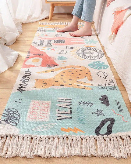 Colorful children's rug with animal illustrations on a wooden floor.