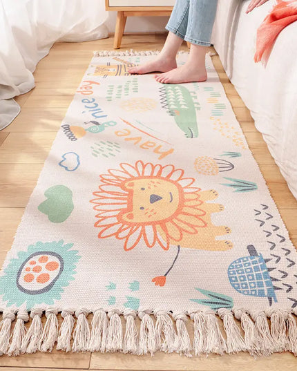 Children's rug with lion design on a wooden floor