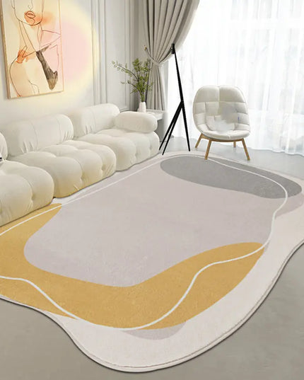 Modern living room with a decorative rug featuring wavy lines on a neutral color palette.