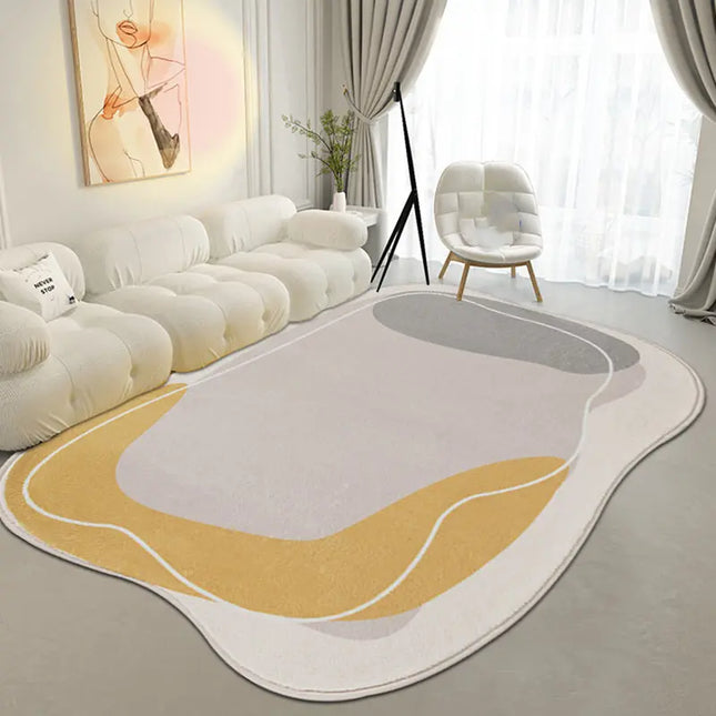 Modern living room with a decorative rug featuring wavy lines on a neutral color palette.