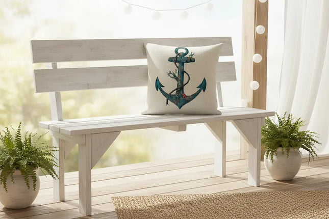 White bench with an anchor pillow on a wooden deck