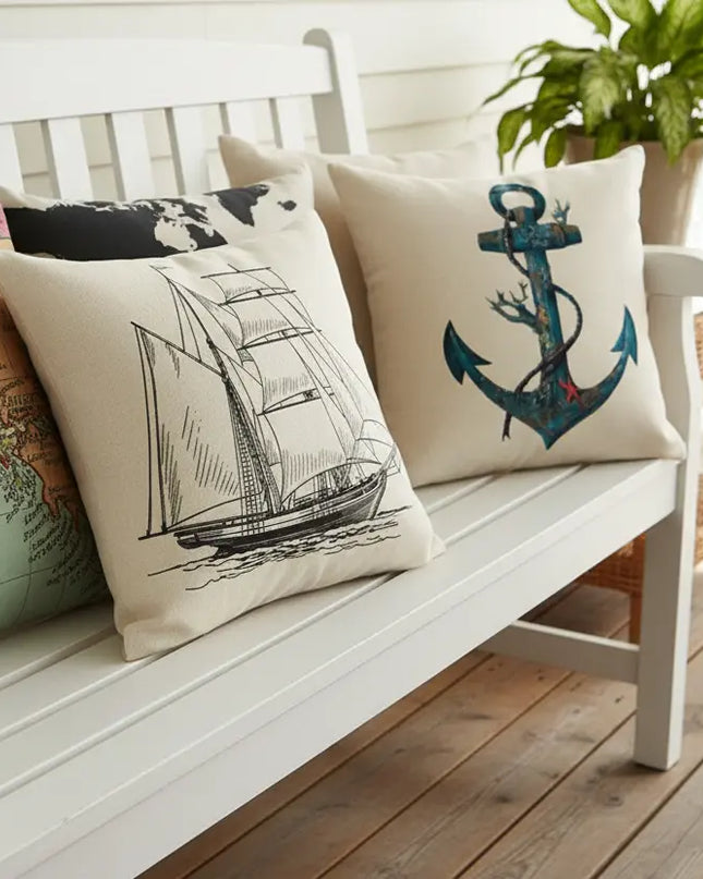 White bench with decorative pillows featuring a ship and anchor design on a wooden deck.