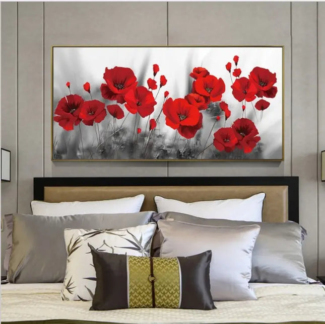 Nordic style poster with red poppies on a grey wall