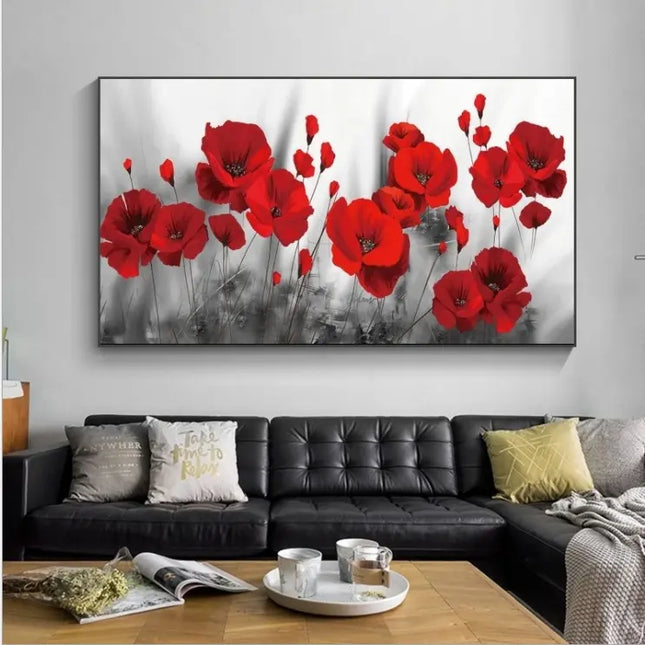 Nordic style poster with red poppies on a grey wall